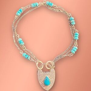 NEW Genuine Turquoise Beaded Gold-Plated Tri-Chain Multi Strand Padlock Bracelet